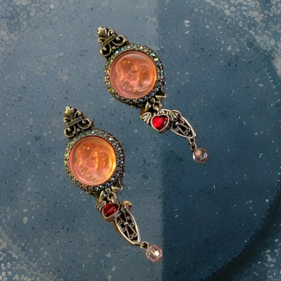 Vintage Signed Kirks Folly Whimsical Pink Cameo Crystal Ornate Silver Earrings